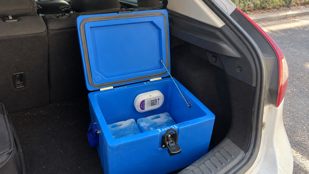 Esky packed with ice and a sample transport monitoring tracker in a car boot before a staged pathology collection round